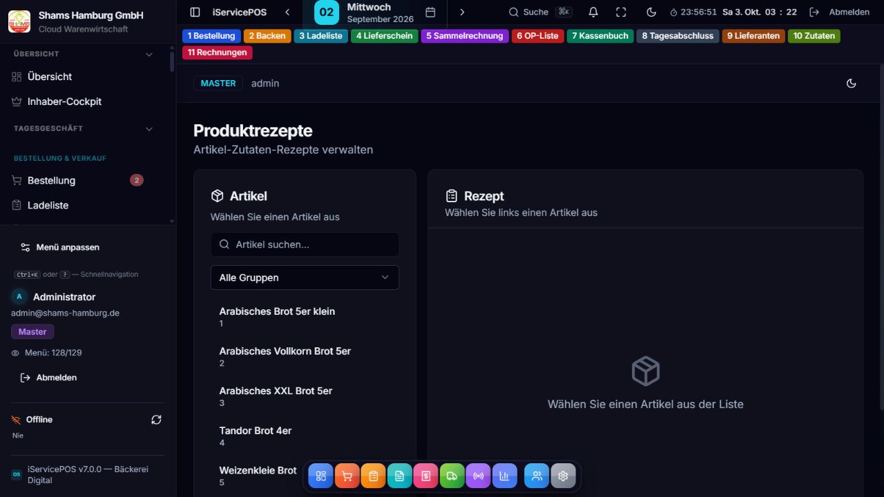 Echte Anwendungsansicht: Produktrezepte in iService Business
